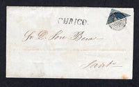 CHILE - 1861 - CLASSIC ISSUES, CANCELLATION & BISECT: Complete folded letter franked with diagonally BISECTED 1856 10c deep blue 'Estancos' printing (SG 24c) tied by 'Target' cancel with superb strike of straight line CURICO marking in black alongside. Addressed to SANTIAGO. Few faults on reverse of cover but otherwise fine looking & scarce.  (CHI/28167)