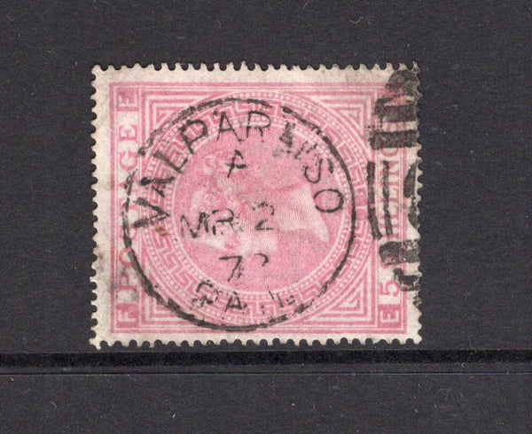 CHILE - 1867 - BRITISH POST OFFICE: 5/- rose QV issue of Great Britain, plate 1, superb used with complete strike of VALPARAISO PAID cds dated MAR 2 1872 and part strike of barred numeral 'C30' of the British P.O. at VALPARAISO. (SG Z88)  (CHI/29236)