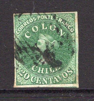 CHILE - 1861 - CLASSIC ISSUES: 20c yellowish green 'Perkins Bacon Last London' printing a fine used copy with four good to large margins. (SG 34)  (CHI/29245)