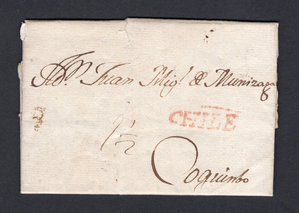 CHILE - 1811 - PRESTAMP & SPANISH COLONIAL PERIOD: Complete folded letter from SANTIAGO to COQUIMBO with fine strike of straight line CHILE in red. Rated '1½' in manuscript.  (CHI/29281)