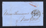 CHILE - 1859 - BRITISH POST OFFICE: Complete stampless folder letter sent via the British Post Office with feint strike of VALPARAISO British P.O. cds on reverse. Addressed to USA with two line 'PAID TO PANAMA' marking in red and USA 'STEAMSHIP 10' arrival mark in black both on front.  (CHI/29287)