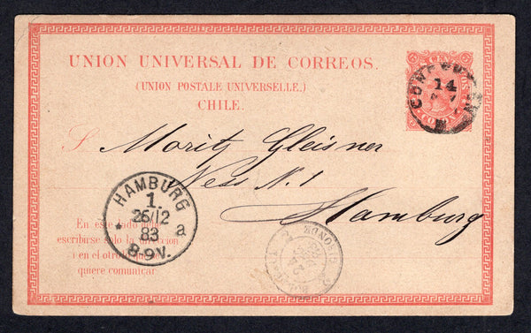 CHILE - 1883 - POSTAL STATIONERY: 3c red postal stationery card on thick stock (H&G 4) used with CONCEPCION cds dated 14 DEC 1883. Addressed to GERMANY with French transit and German arrival cds's on front.  (CHI/29292)