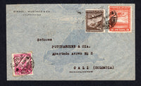 CHILE - 1937 - TRAVELLING POST OFFICES & DESTINATION: Airmail cover from VALPARAISO with printed return address at top left franked with 1931 30c magenta and 1934 50c sepia and 5p orange red 'International' AIR issue (SG 233, 240 & 248) all tied by AMBULANCIA 96 cds's (Santiago - Valparaiso line). Addressed to CALI, COLOMBIA with SANTIAGO and BUENAVENTURA airmail transit cds's and CALI arrival cds on reverse.  (CHI/29296)