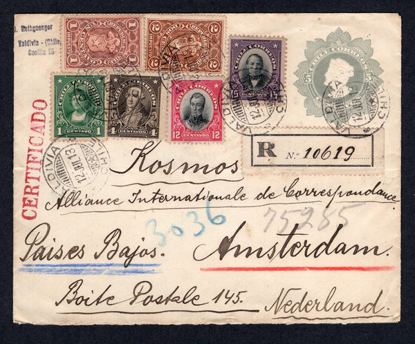 CHILE - 1913 - POSTAL FISCAL & POSTAL STATIONERY: 5c grey postal stationery envelope (H&G B19) used with added 1911 1c green, 12c black & rose and 15c black & purple 'Presidente' issue plus 1912 4c sepia 'Presidente' issue (SG 135, 140/141 & 151) and 1900 1c vermilion and 2c brown 'Postal Fiscal' issue (SG F86/F87, authorised for postal use during temporary stamp shortage in 1913, the fifth period of use) all tied by multiple strikes of VALDIVIA cds with plain black on white registration label alongside. A