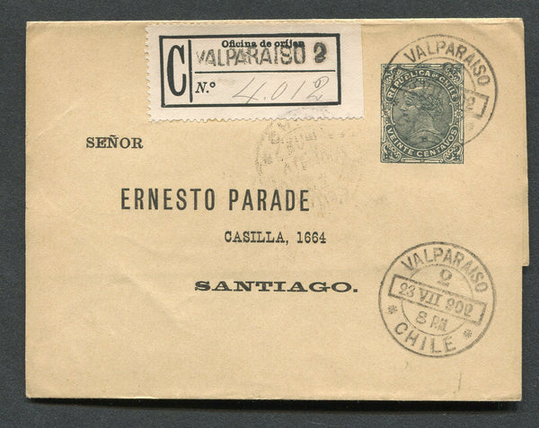 CHILE - 1902 - POSTAL STATIONERY & REGISTRATION: 20c slate on buff postal stationery wrapper (H&G E2) sent registered with VALPARAISO 2 cds and fine registration label with handstruck 'VALPARAISO 2' in black. Addressed to SANTIAGO. Scarce use.  (CHI/29317)