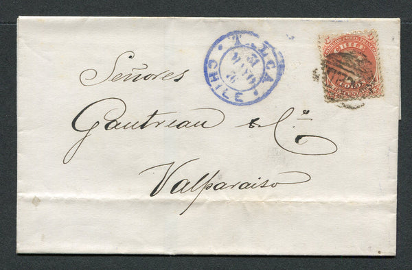 CHILE - 1876 - PERFORATED COLUMBUS ISSUE: Cover franked with 1867 5c pale red perforated 'Columbus' issue (SG 44) tied by barred 'CANCELLED' marking in black with TALCA cds in blue dated 31 MAY 1876 alongside. Addressed to VALPARAISO with arrival cds on reverse.  (CHI/29321)