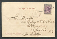 CHILE - 1902 - MARITIME & CABEZAS ISSUE: Black & white PPC 'Iquique, Teatro Municipal' with manuscript 'Oct 13th 1902 Dear Mamma. Arrived here yesterday in "S.S. Artesana", letter following shortly' on picture side franked with 1900 10c deep lilac (SG 78) tied by manuscript pen stroke with TRANSITO TARDE PANAMA cds dated 28 OCT 1902 alongside. Addressed to UK.  (CHI/29329)