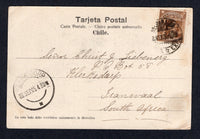 CHILE - 1905 - DESTINATION: Black & white PPC 'monumento a la Marina y Plaza Intendancia' franked on message side with 1905 3c brown (SG 106) tied by VALPARAISO cds. Addressed to TRANSVAAL, SOUTH AFRICA with KLERKSDORP arrival cds on front.  (CHI/29331)