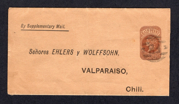 CHILE - 1898 - INCOMING MAIL: ½d brown on yellow buff QV postal stationery wrapper (H&G E10) used with barred 'F.B.' marking in black. Addressed to VALPARAISO with arrival cds on reverse.  (CHI/29362)