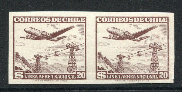 CHILE - 1959 - VARIETY: 20p chocolate LAN 'Interior' AIR issue with 'Casa da Moneda de Chile' IMPRINT, a fine mint IMPERF PAIR. (SG 480 variety)  (CHI/30292)