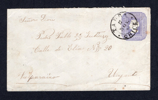 CHILE - 1885 - POSTAL STATIONERY: 5c violet postal stationery envelope on quadrille paper (H&G B12a) used with TALCA cds dated 17 NOV 1885. Addressed to VALPARAISO with arrival cds on reverse.  (CHI/31352)