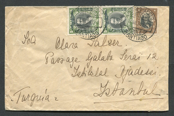 CHILE - 1930 - DESTINATION: Cover franked with pair 1928 5p black & olive green Presidente issue with 'CORREO AEREO' overprint and 1928 30c black & bistre 'Presidente' issue (SG 195 & 211) tied by CORREO AEREO SANTIAGO cds's. Addressed to TURKEY with transit & arrival marks on reverse.  (CHI/31356)