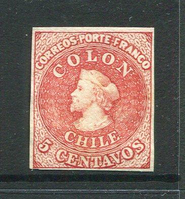 CHILE - 1866 - PROOF: 5c red 'Columbus' issue IMPERF PROOF on unwatermarked ribbed paper. (As SG 37)  (CHI/31410)