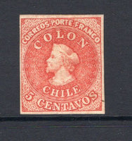 CHILE - 1866 - PROOF: 5c red 'Columbus' issue IMPERF PROOF on unwatermarked ribbed paper. (As SG 37)  (CHI/31411)