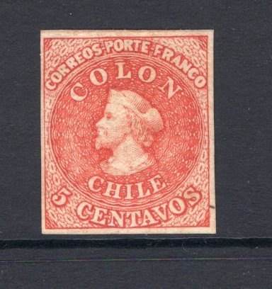 CHILE - 1866 - PROOF: 5c red 'Columbus' issue IMPERF PROOF on unwatermarked ribbed paper. (As SG 37)  (CHI/31411)