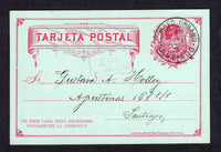 CHILE - 1895 - INSTRUCTIONAL MARK: 2c carmine on greenish grey postal stationery card (H&G 7) used with fine strike of CORREO URBANO SANTIAGO cds dated 12. IX. 1895. Addressed locally with good strike of framed 'CONDUCCION 2 CTS A DOMICILIO' instructional mark in purple on front. This was applied to pay for the delivery to the recipients home during a short period from May 1895 to January 1896 due to industrial action by the postal staff. Scarce.  (CHI/31501)