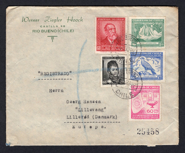 CHILE - 1950 - CLAUDE GAY ISSUE & REGISTRATION: Registered cover franked with 1948 60c black, 1949 60c magenta, 1950 60c carmine and 1948 60c ultramarine 'Caracara Vulgaris' and 2p 60c green 'Lapageria Rosea' CLAUDE GAY' issues (SG 379, 387, 391, 381o & 382n) tied by RIO BUENO cds's dated 24 AUG 1950 with '25458' registration handstamp alongside. Addressed to DENMARK with VALDIVIA transit cds on reverse.  (CHI/31664)