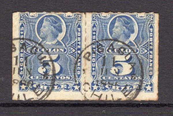 CHILE - 1878 - CANCELLATION: 5c bright ultramarine 'Roulette' issue, pair used with two fine strikes of PISAGUA thimble cds dated 11 NOV 1886. (SG 59)  (CHI/31802)