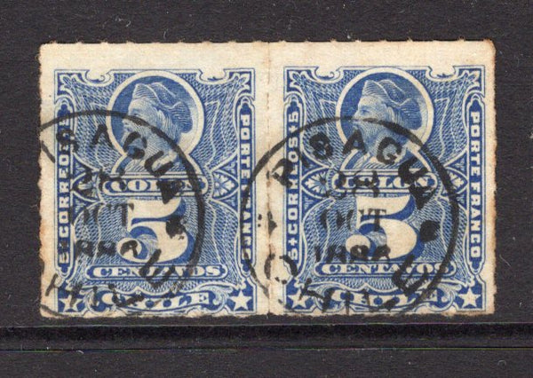 CHILE - 1878 - CANCELLATION: 5c bright ultramarine 'Roulette' issue, pair used with two fine strikes of PISAGUA thimble cds dated 28 OCT 1886. (SG 59)  (CHI/31803)
