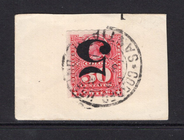 CHILE - 1900 - ROULETTE ISSUE & VARIETY: 5c on 30c rose carmine 'Roulette' issue a fine used copy with variety OVERPRINT INVERTED tied on piece by CORREOS URBANO SANTIAGO cds dated 1901. (SG 86a)  (CHI/31849)