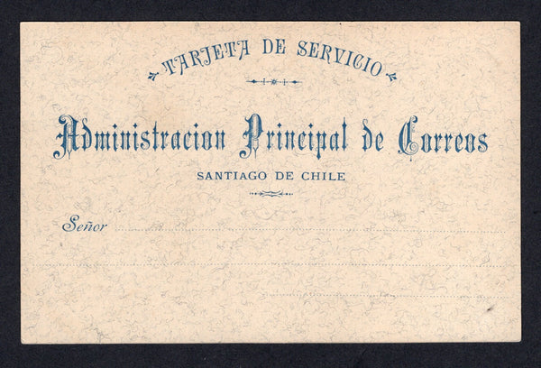 CHILE - 1889 - POSTAL STATIONERY: Blue on grey mottled stock Official postal stationery card (H&G D1) inscribed 'Tarjeta de Servicio Administracion Principal de Correos Santiago de Chile'. A fine unused example. Rare. Only 2000 were printed.  (CHI/32098)