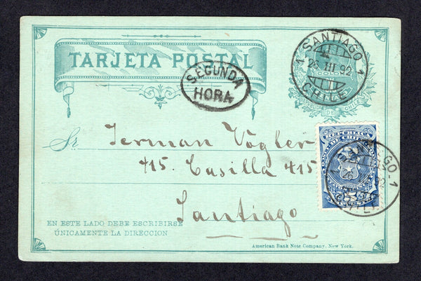CHILE - 1892 - POSTAL STATIONERY & POSTAL FISCAL: 1c green on light green postal stationery card (H&G 9) used with added 1880 5c blue 'Postal Fiscal' issue (SG F69, authorised for postal use during temporary stamp shortage between January and September 1892, the third period of use) tied by SANTIAGO 1 cds's dated 26 III 1892 with fine strike of oval 'SEGUNDA HORA' marking alongside. Addressed locally within SANTIAGO. Very fine.  (CHI/32121)