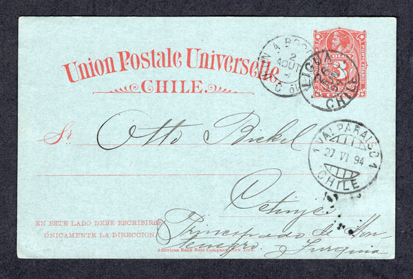 CHILE - 1894 - POSTAL STATIONERY, DESTINATION & CANCELLATION: 3c red on grey blue postal stationery card (H&G 11) used with good strike of LIGUA cds dated 26 JUN 1894. Addressed to MONTENEGRO with VALPARAISO transit cds on front and CETINGE arrival cds on reverse.  (CHI/32129)