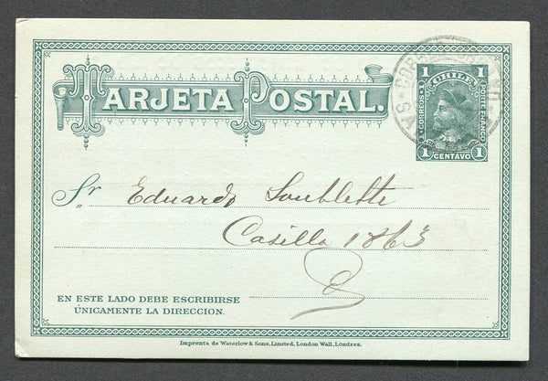 CHILE - 1902 - POSTAL STATIONERY & CANCELLATION: 1c green on light green 'Cabezone' postal stationery card (H&G 21) used with light strike of CORREO URBANO SANTIAGO cds. Addressed locally within SANTIAGO with printed message on reverse.  (CHI/32131)