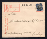 CHILE - 1916 - POSTAL STATIONERY: 20c grey postal stationery registered envelope (H&G C2a) demonetised with 'SIN VALOR' overprint in black on front and reverse used with added 1915 10c black & blue 'Presidente' issue (SG 163) tied by SAN ANTONIO cds dated 3 DEC 1916. Addressed to SANTIAGO with arrival cds on reverse. A very scarce item of postal stationery in used condition.  (CHI/32146)