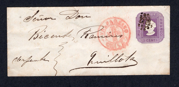 CHILE - 1873 - POSTAL STATIONERY: 5c violet on white laid paper postal stationery envelope (H&G B1) used with dumb 'Cork' cancel in black with VALPARAISO cds in red alongside. Addressed to QUILLOTA. Very scarce.  (CHI/32173)