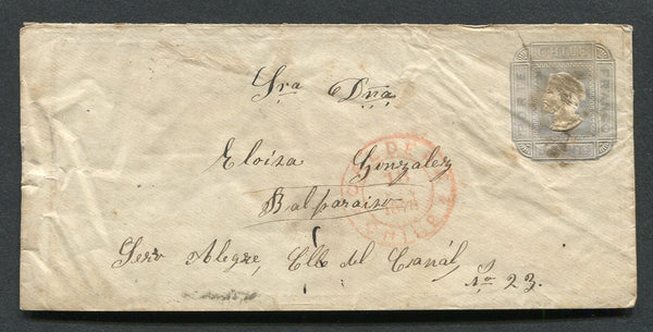 CHILE - 1878 - POSTAL STATIONERY: 5c grey on ivory wove paper postal stationery envelope on thin poor quality paper (H&G B9b) used with dumb 'Cork' cancel in black with fine CALDERA cds dated 13 JAN 1878 in red alongside. Addressed to VALPARAISO with arrival cds on reverse. Uncommon.  (CHI/32174)