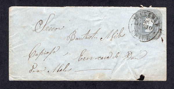 CHILE - 1879 - POSTAL STATIONERY: 5c grey on blue wove paper postal stationery envelope on thin poor quality paper (H&G B9a) used with VALLENAR cds dated JUN 1879 in black alongside. Addressed to COPIAPO with light arrival cds on reverse. Uncommon.  (CHI/32178)