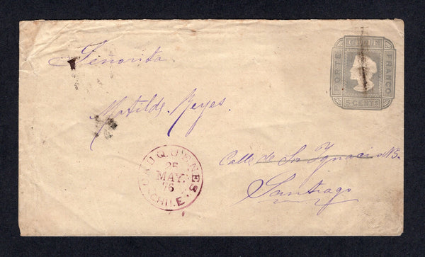 CHILE - 1876 - POSTAL STATIONERY: 5c grey on ivory wove paper postal stationery envelope on thin poor quality paper (H&G B10b) used with manuscript pen stroke in black and CAUQUENES cds dated 26 MAY 1876 in deep red alongside. Addressed to SANTIAGO. Uncommon.  (CHI/32179)