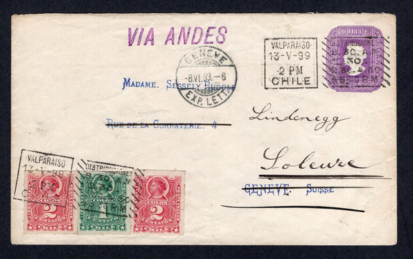 CHILE - 1894 - POSTAL STATIONERY & ROULETTE ISSUE: 5c violet postal stationery envelope (H&G B13a) used with added 1878 1c green and 2 x 2c pale carmine 'Roulette' issue (SG 54 & 56) tied by boxed VALPARAISO cancel dated 13 V 1899. Addressed to SWITZERLAND with transit and arrival cds's on front & reverse.  (CHI/32183)