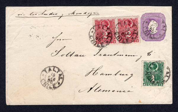 CHILE - 1894 - POSTAL STATIONERY & ROULETTE ISSUE: 5c violet postal stationery envelope (H&G B13a) used with added 1878 1c green and pair 2c bright carmine 'Roulette' issue (SG 55 & 56a) tied by multiple strikes of TALTAL cds dated 19 FEB 1896. Addressed to GERMANY with transit and arrival cds's on reverse.  (CHI/32184)