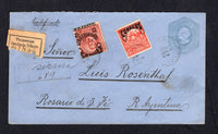 CHILE - 1904 - POSTAL STATIONERY, REGISTRATION & PROVISIONAL ISSUE: 10c blue on blue postal stationery envelope (H&G B6a) used with added 1904 5c red and 12c on 5c red 'Provisional' issue (SG 95 & 103) tied by light strikes of LA SERENA cds dated 1 SEP 1904 with handstruck registration marking alongside with manuscript 'Serena'. Addressed to ARGENTINA with damaged 'VALPARAISO CERTIFICADO TRANSITO' registration label on front. Transit & arrival marks on reverse.  (CHI/32191)