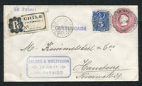 CHILE - 1894 - POSTAL STATIONERY & REGISTRATION: 15c pink on white postal stationery envelope (H&G B7) used with added 1878 5c bright ultramarine 'Roulette' issue (SG 59) tied by VALPARAISO 1 cds's dated 28 VI 1894 with printed 'CHILE VALPARAISO 1' registration label alongside. Addressed to GERMANY with small 'S.S. Potosi' ship handstamp on front and arrival cds on reverse.  (CHI/32192)