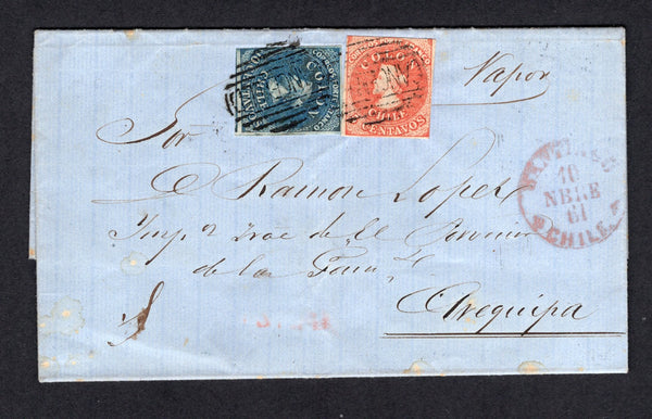 CHILE - 1861 - CLASSIC ISSUES: Complete folded letter franked with 1856 5c red & 10c blue 'Estancos' printing, both fine impressions with generally good margins (SG 19 & 24a) tied by 'CANCELLED' in bars cancels in black with SANTIAGO cds in red alongside dated 10 NOV 1861. Addressed to AREQUIPA, PERU with manuscript 'Vapor' at top sent via the coastal sea route. A very attractive cover.  (CHI/32222)