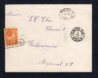 CHILE - 1895 - POSTAGE DUE: Unfranked cover from CHILLAN with CHILLAN cds dated 6 JUL 1895, taxed at source with fine strike of oval 'MULTADA 10 CTS CHILLAN' marking in black. Addressed to VALPARAISO with added 1895 10c rose on yellow 'Postage Due' issue (SG D91) tied by boxed 'MULTADA' cancel in black. VALPARAISO arrival cds on reverse. This postage due issue was only in use for a year. A superb and rare cover.  (CHI/32226)