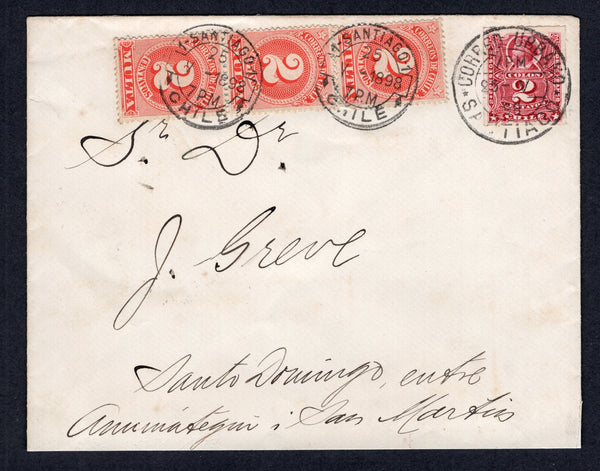 CHILE - 1898 - POSTAGE DUE: Under franked cover with 1878 2c crimson lake 'Roulette' issue (SG 57) tied by CORREO URBANO SANTIAGO cds dated 25 V. 1898. Addressed locally within SANTIAGO, taxed on arrival with added strip of three 1898 2c rose 'Postage Due' issue (SG D111) tied by SANTIAGO 1 cds's dated the same day. A fine & rare cover.  (CHI/32227)