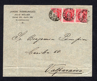 CHILE - 1905 - BISECT: Cover franked with strip of three 1901 2c carmine 'Arias' issue (SG 88) on stamp diagonally BISECTED and tied by multiple strikes of SANTIAGO cds dated 20 MAY 1905. Addressed to VALPARAISO with arrival cds on reverse. A rare bisect.  (CHI/32236)