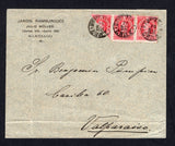 CHILE - 1905 - BISECT: Cover franked with strip of three 1901 2c carmine 'Arias' issue (SG 88) on stamp diagonally BISECTED and tied by multiple strikes of SANTIAGO cds dated 20 MAY 1905. Addressed to VALPARAISO with arrival cds on reverse. A rare bisect.  (CHI/32236)