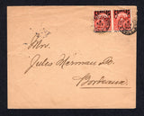 CHILE - 1904 - PROVISIONAL ISSUE: Cover franked with pair 1904 5c red 'Provisional' issue (SG 95) tied by ANTOFAGASTA cds's dated 5 NOV 1904. Addressed to FRANCE with arrival cds on reverse.  (CHI/32239)