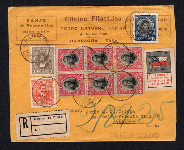 CHILE - 1922 - PRESIDENTE ISSUE, CINDERELLA & DESTINATION: Printed 'Oficina Filatelica Pedro Latorre Roman, Rancagua' stamp dealers cover franked with 1912 block of six 14c black & carmine, 1915 2c pale scarlet, 4c brown and 10c black & blue 'Presidente' issues (SG 154, 158a, 160 & 163b) all tied by RANCAGUA cds's dated 7 JUL 1922 with fine blue red & black 'Flag' CINDERELLA label inscribed 'P. LATORRE R.' & 'PAZ 1920' and black on white formula registration label with 'RANCAGUA' handstamp in violet alongsi