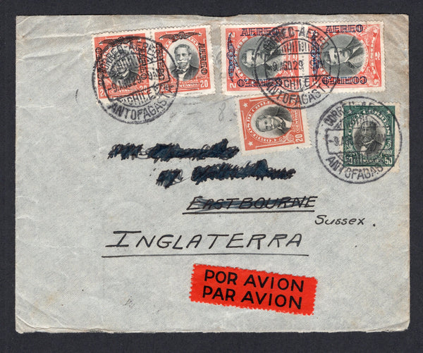 CHILE - 1929 - FIRST FLIGHT: Cover franked with 1915 50c black & green and 1928 20c black & orange red 'Presidente' issue and 1928 pair 20c black & orange brown and pair 2p black & dull scarlet 'Presidente' AIR overprint issue (SG 170, 209, 191 & 194) tied by multiple strikes of CORREO AEREO ANTOFAGASTA cds's dated 9 AUG 1929. Flown on the Santiago - Mendoza - Buenos Aires' first flight with SANTIAGO transit cds's on reverse dated 12 AUG and 13 AUG. This flight eventually left on the 15th August 1929. Addr