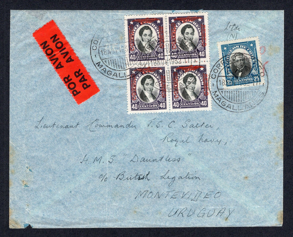 CHILE - 1932 - AIRMAIL & DESTINATION: Cover franked with 1928 25c black & blue 'Presidente' issue and block of four 1928 40c black & violet 'Presidente' AIR overprint issue (SG 210 & 192) tied by CORREO AEREO MAGALLANES cds's dated 18 NOV 1932 with black on red 'POR AVION PAR AVION' airmail label alongside. Addressed to URUGUAY with arrival mark on reverse.  (CHI/32261)