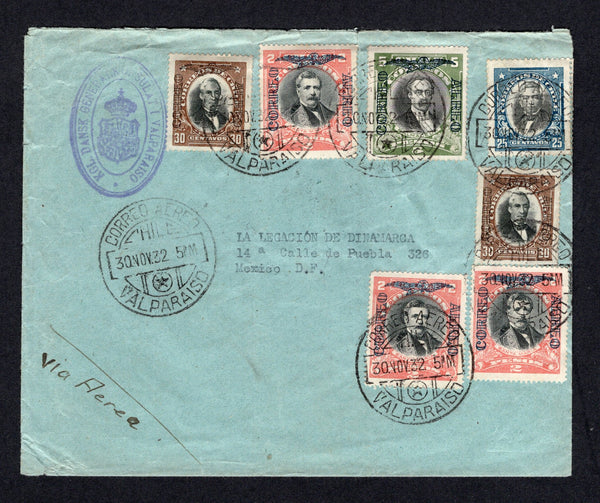 CHILE - 1932 - AIRMAIL & DESTINATION: Cover with 'KGL. DANSK GENERALKONSULAT I VALPARAISO' handstamp in purple on front franked with 1928 25c black & blue 'Presidente' issue and 1928 2 x 30c black & bistre, 3 x 2p black & scarlet and 5p black & green 'Presidente' AIR overprint issue (SG 167, 215, 194 & 195) all tied by CORREO AEREO VALPARAISO cds's dated 30 NOV 1932. Addressed to MEXICO with various transit & arrival marks including unusual TRANSBORDOS AEREOS TEJERIA. VER cds on reverse.  (CHI/32267)