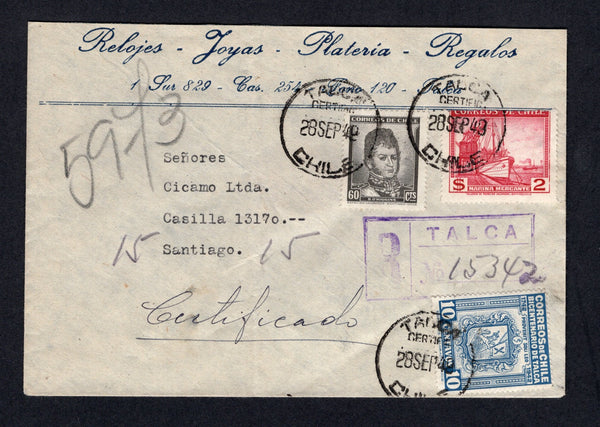 CHILE - 1949 - TAX ISSUE: Registered cover franked with 1938 2p lake, 1948 60c black and 1942 10c blue 'Bicentenary of Talca' TAX stamp (SG 276, 379 & T338) all tied by TALCA CERTIFIC. cds's dated 28 SEP 1949 with boxed 'TALCA' registration marking in purple alongside. Addressed to SANTIAGO with arrival cds on reverse. A difficult obligatory tax stamp to find on cover.  (CHI/32291)