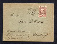 CHILE - 1892 - POSTAL FISCAL & INSTRUCTIONAL MARK: Cover franked with single 1880 2c brown 'Postal Fiscal' issue (SG F68, authorised for postal use between January and September 1892, the third period of use) tied by SANTIAGO cds dated 27 VII. 1892 with fine strike of small oval 'TERCERA HORA' marking in black alongside. Addressed locally within SANTIAGO. A nice rate using a postal fiscal.  (CHI/32321)