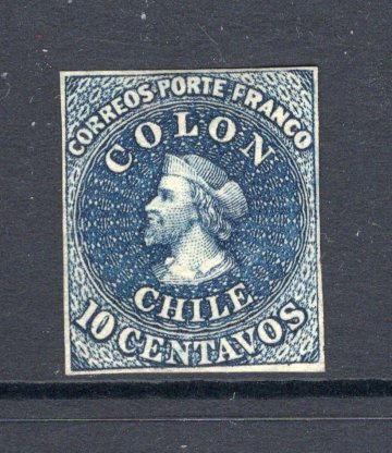 CHILE - 1854 - CLASSIC ISSUES: 10c deep blue 'Desmadryl' printing a very fine unused copy without gum, with four good margins and wonderful colour. An exceptional stamp. (SG 13)  (CHI/32351)